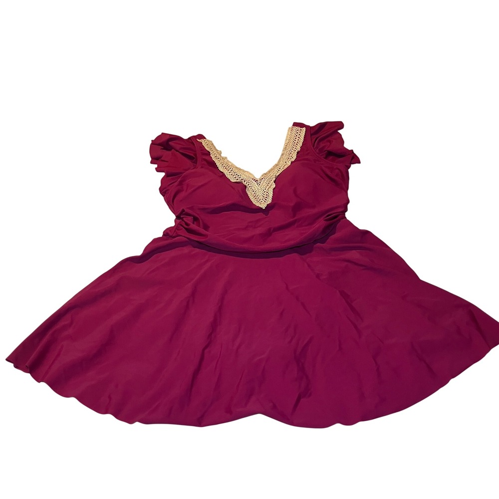 Women's XL Burgundy Ruffle Sleeve Swim Dress with Crochet Lace Trim V-Neck - Picture 1 of 9